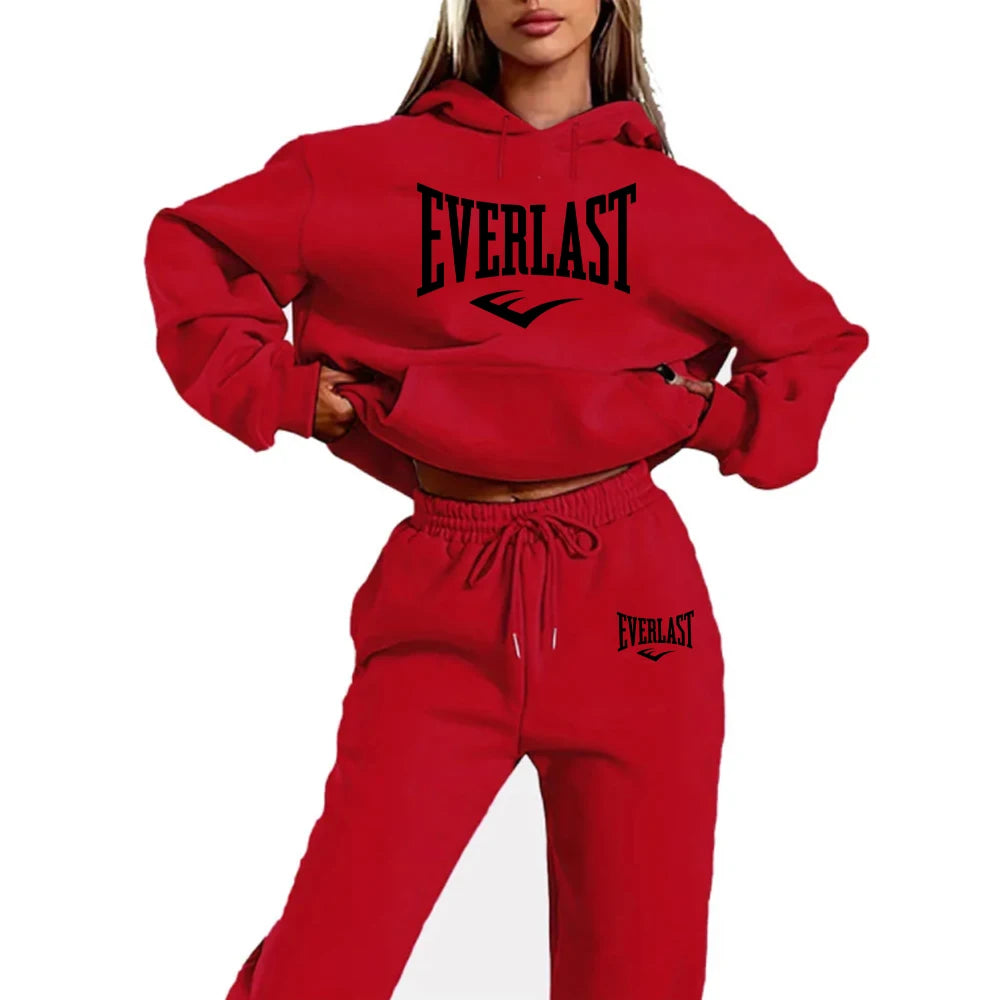 Conjunto de chándal de dos piezas con estampado de letras para mujer, sudadera para correr a la moda, traje con capucha deportiva con cordón, conjunto de Fitness de calidad