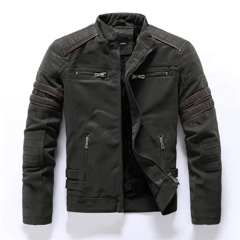 Chaquetas de cuero para motocicleta de invierno para hombre, chaquetas de Pu bordadas informales cálidas de lana para motocicleta, cortavientos Retro con múltiples bolsillos para exteriores