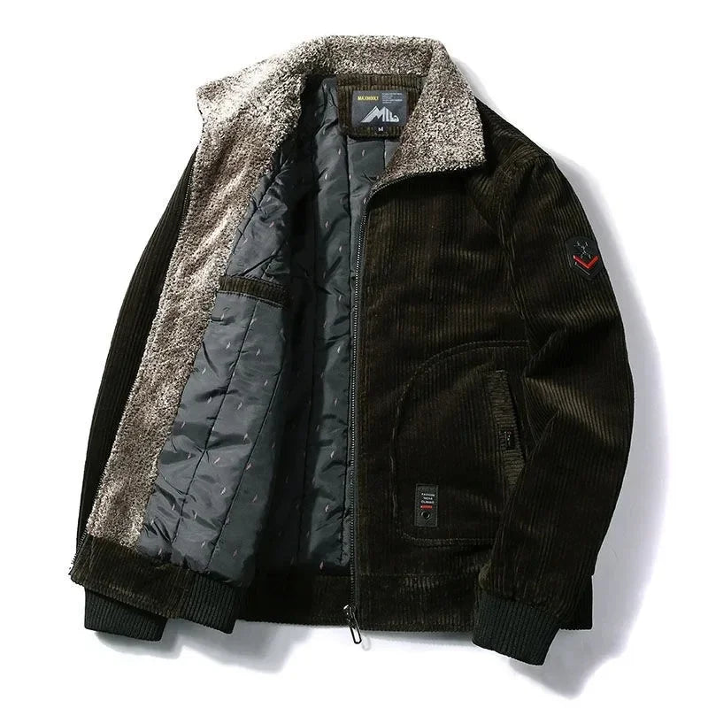 Chaqueta de invierno para hombre, cortavientos térmico de talla grande, chaquetas y abrigos cálidos de pana para invierno, prendas de vestir informales con Cuello de piel