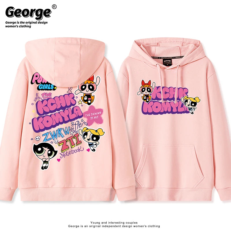 Lindo Comic Powerpuff Girls Blossom Bubbles Buttercup estampado pareja suéter con capucha adolescente Otoño e Invierno moda versátil abrigo