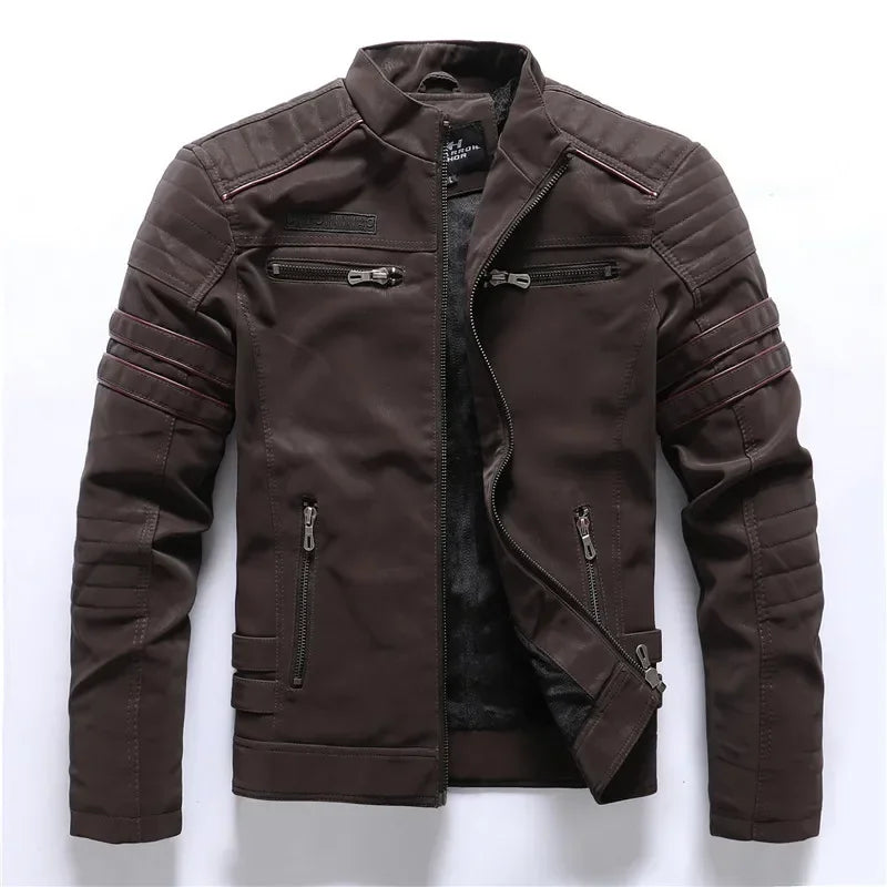 Chaquetas de cuero para motocicleta de invierno para hombre, chaquetas de Pu bordadas informales cálidas de lana para motocicleta, cortavientos Retro con múltiples bolsillos para exteriores