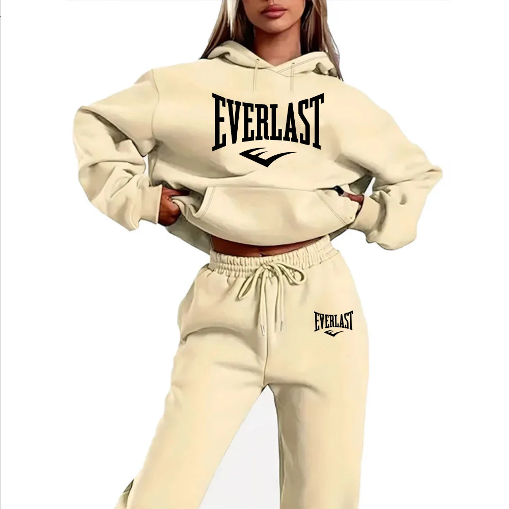 Conjunto de chándal de dos piezas con estampado de letras para mujer, sudadera para correr a la moda, traje con capucha deportiva con cordón, conjunto de Fitness de calidad