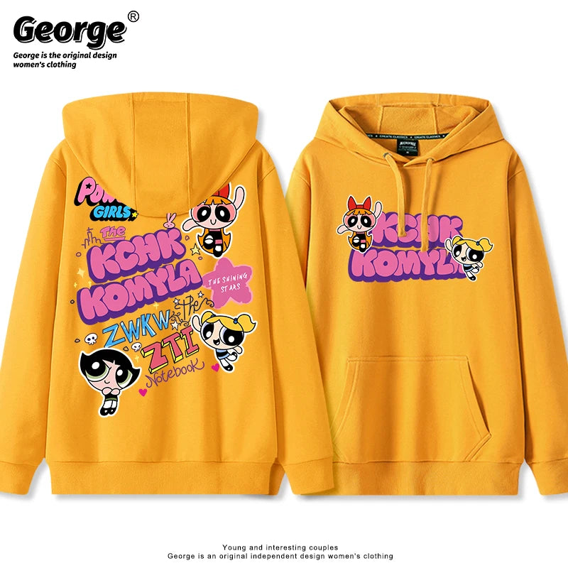 Lindo Comic Powerpuff Girls Blossom Bubbles Buttercup estampado pareja suéter con capucha adolescente Otoño e Invierno moda versátil abrigo