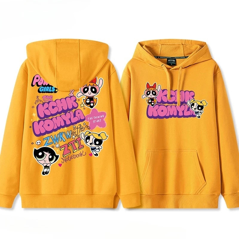 Lindo Comic Powerpuff Girls Blossom Bubbles Buttercup estampado pareja suéter con capucha adolescente Otoño e Invierno moda versátil abrigo