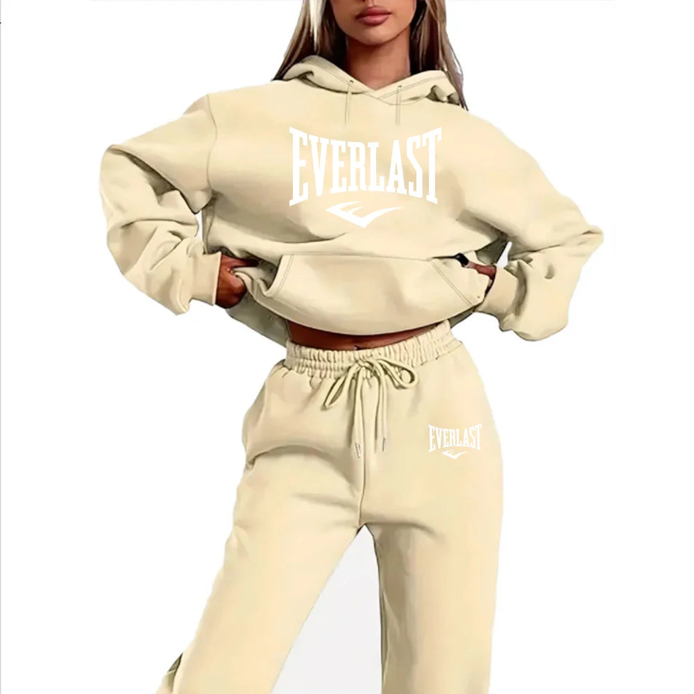 Conjunto de chándal de dos piezas con estampado de letras para mujer, sudadera para correr a la moda, traje con capucha deportiva con cordón, conjunto de Fitness de calidad