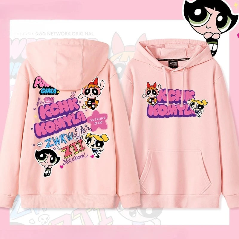 Lindo Comic Powerpuff Girls Blossom Bubbles Buttercup estampado pareja suéter con capucha adolescente Otoño e Invierno moda versátil abrigo