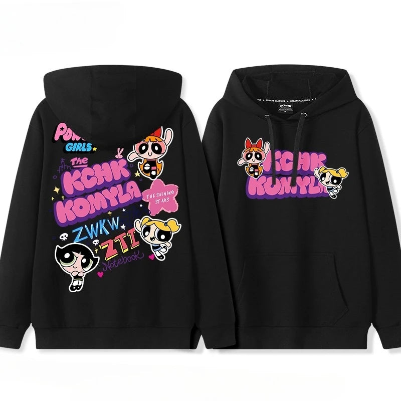 Lindo Comic Powerpuff Girls Blossom Bubbles Buttercup estampado pareja suéter con capucha adolescente Otoño e Invierno moda versátil abrigo