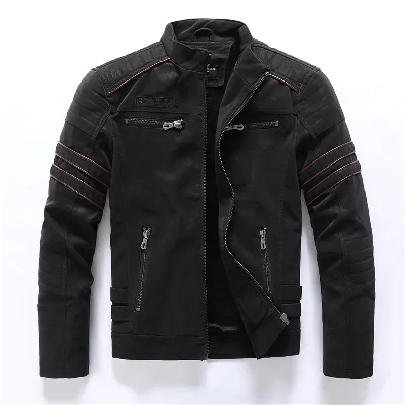 Chaquetas de cuero para motocicleta de invierno para hombre, chaquetas de Pu bordadas informales cálidas de lana para motocicleta, cortavientos Retro con múltiples bolsillos para exteriores