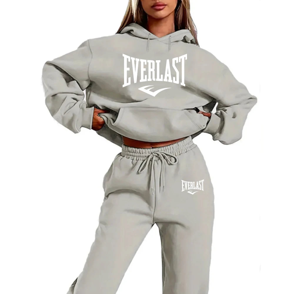 Conjunto de chándal de dos piezas con estampado de letras para mujer, sudadera para correr a la moda, traje con capucha deportiva con cordón, conjunto de Fitness de calidad