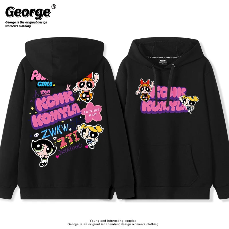 Lindo Comic Powerpuff Girls Blossom Bubbles Buttercup estampado pareja suéter con capucha adolescente Otoño e Invierno moda versátil abrigo