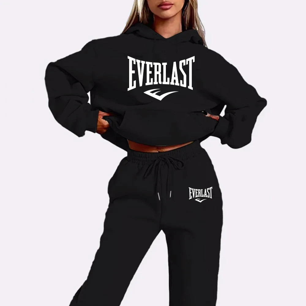 Conjunto de chándal de dos piezas con estampado de letras para mujer, sudadera para correr a la moda, traje con capucha deportiva con cordón, conjunto de Fitness de calidad