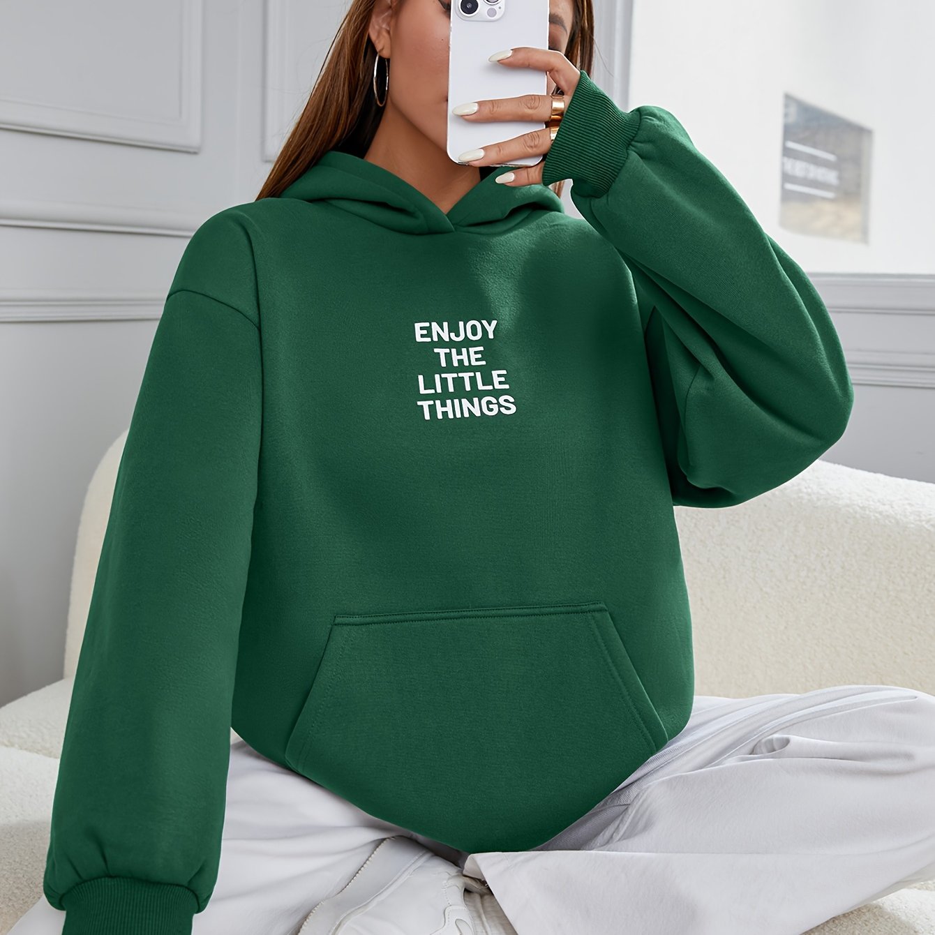 Letter Print Kangaroo Pocket Hoodie, Casual Long Sleeve Hoodies Sweatshirt, Women's Clothing