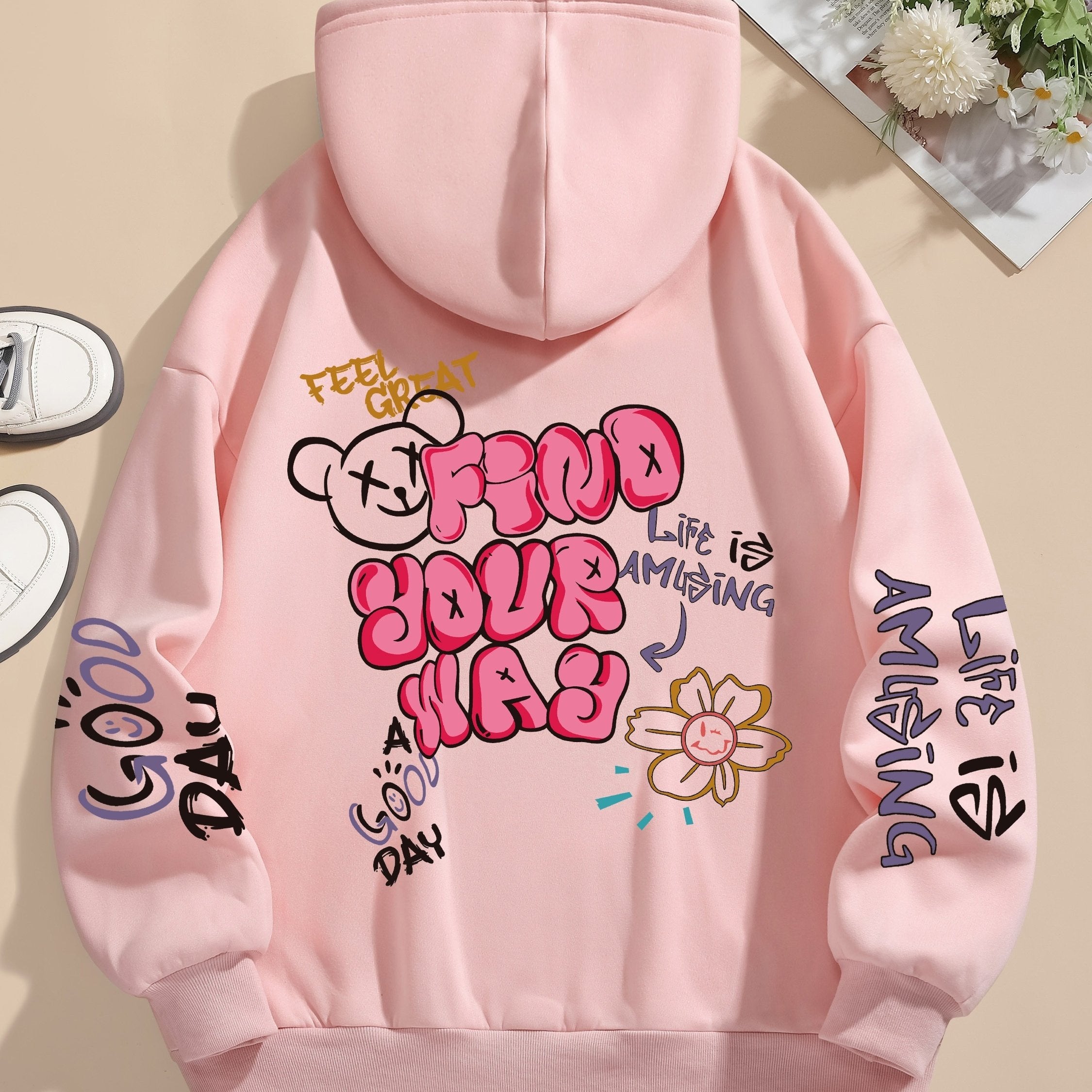 Letter Print Pocket Hoodie, Drawstring Casual Long Sleeve Hooded Sweatshirt For Winter & Fall, Women's Clothing