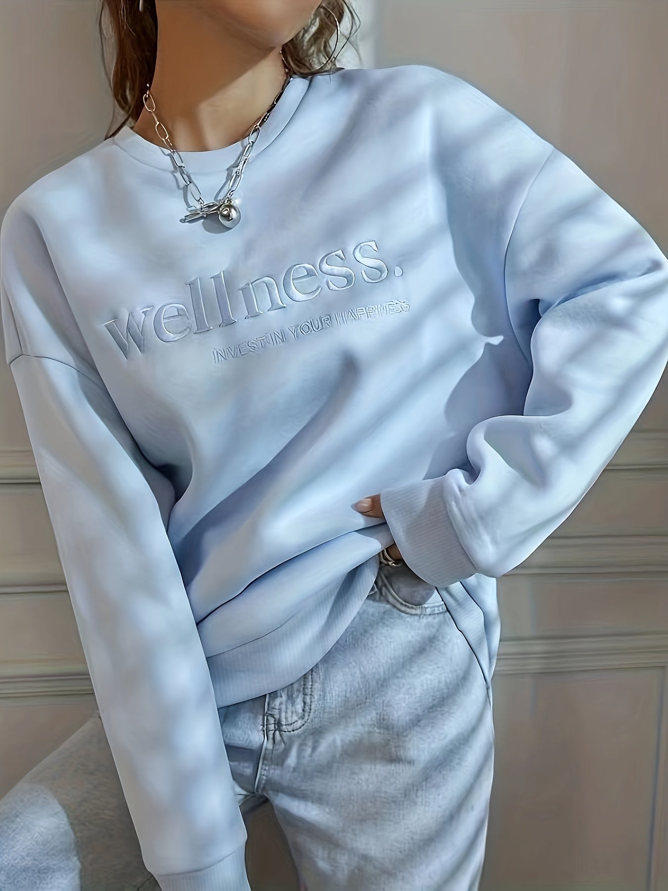 Pullover Letter Embroidery Sweatshirt, Casual Long Sleeve Crew Neck Sweatshirt For Fall & Winter, Women's Clothing