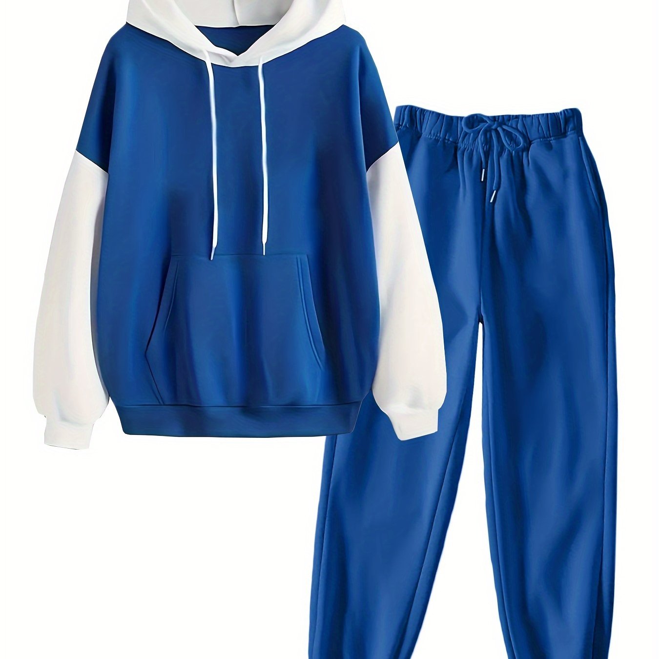 Casual Fall & Winter Pants Set, Color Block Kangaroo Pocket Hoodie & Drawstring Pants Outfits, Women's Clothing