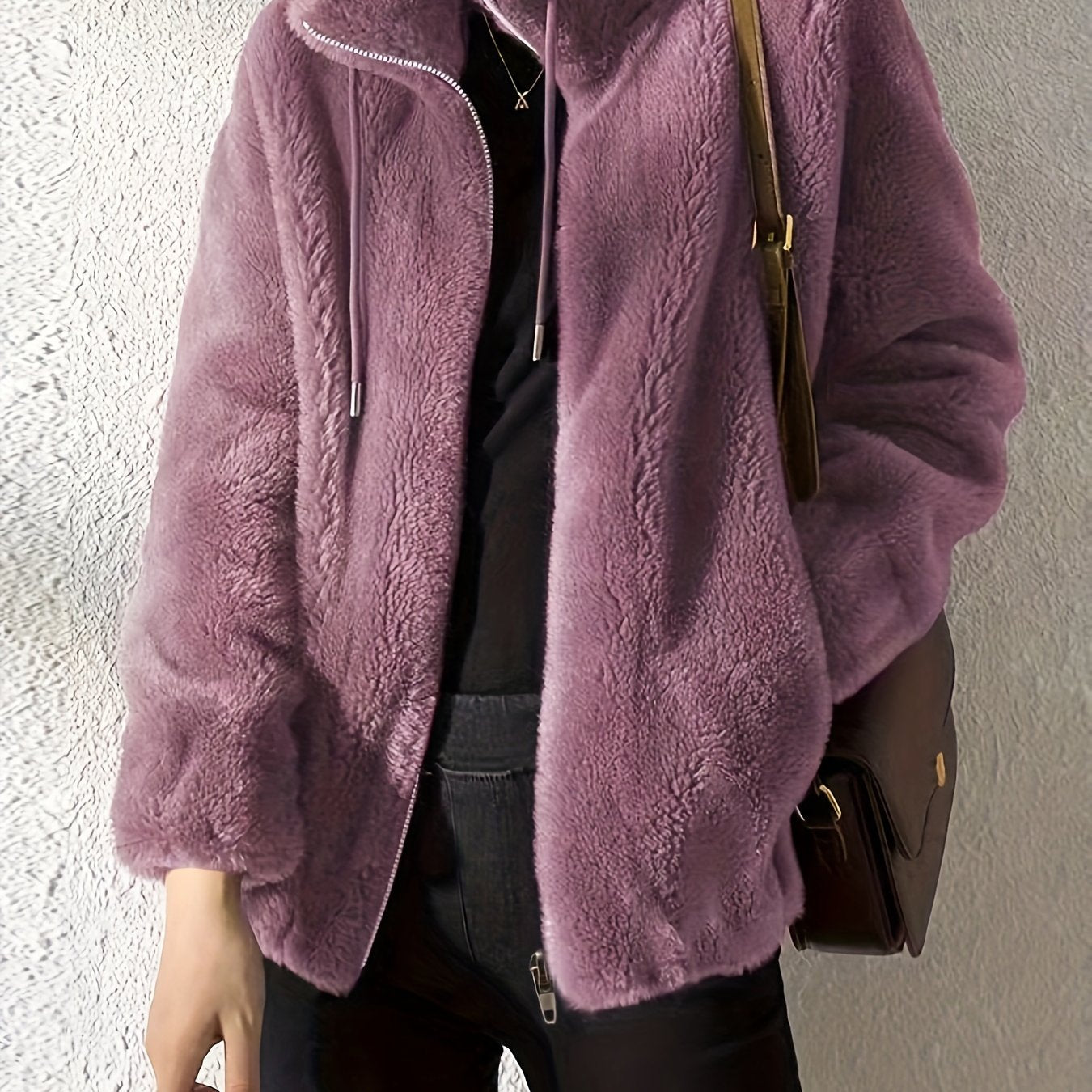 Drawstring Teddy Coat, Casual Zip Up Long Sleeve Warm Outerwear, Women's Clothing