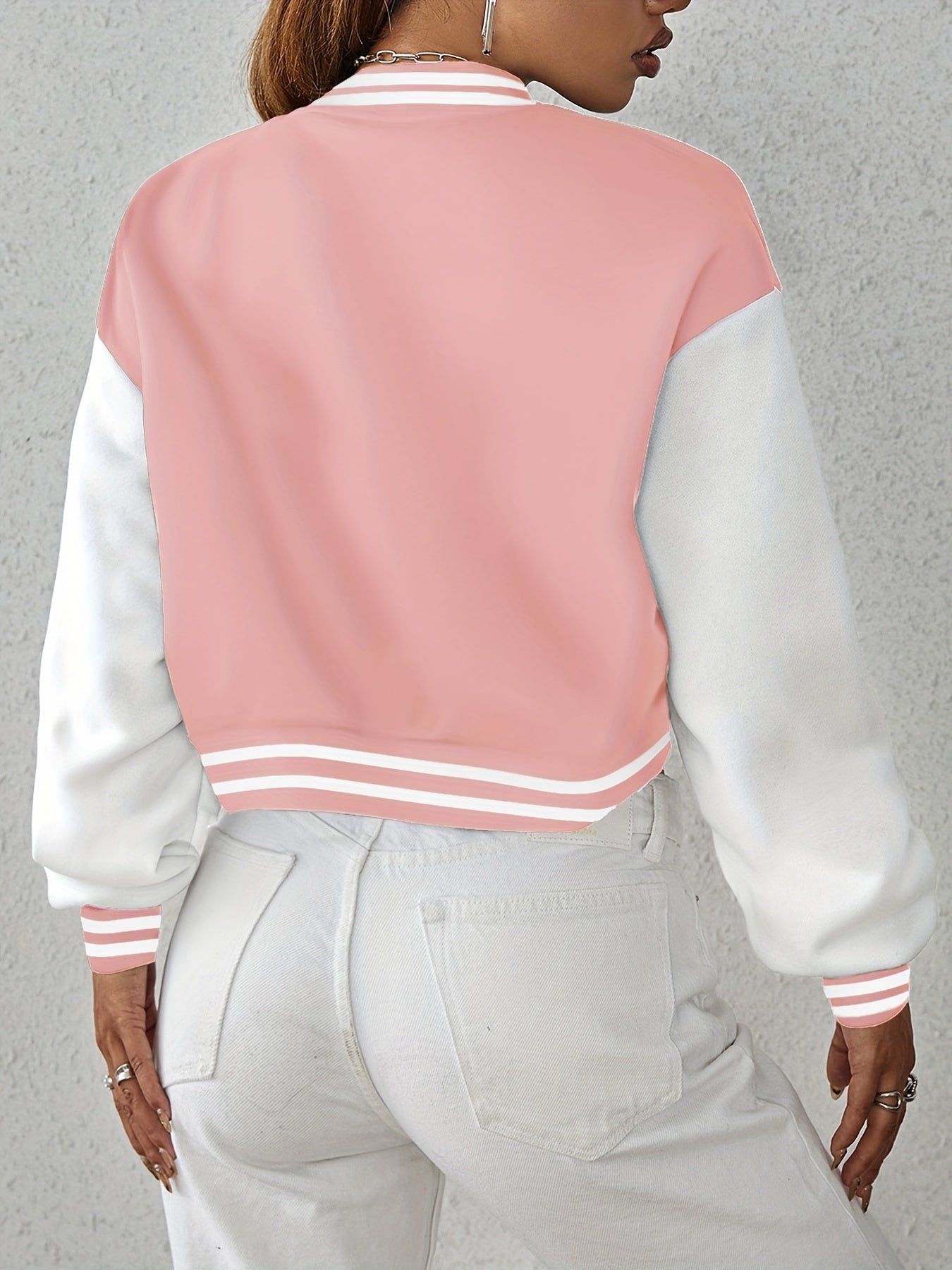 Letter Pattern Color Block Varsity Jacket, Casual Button Front Long Sleeve Outerwear, Women's Clothing
