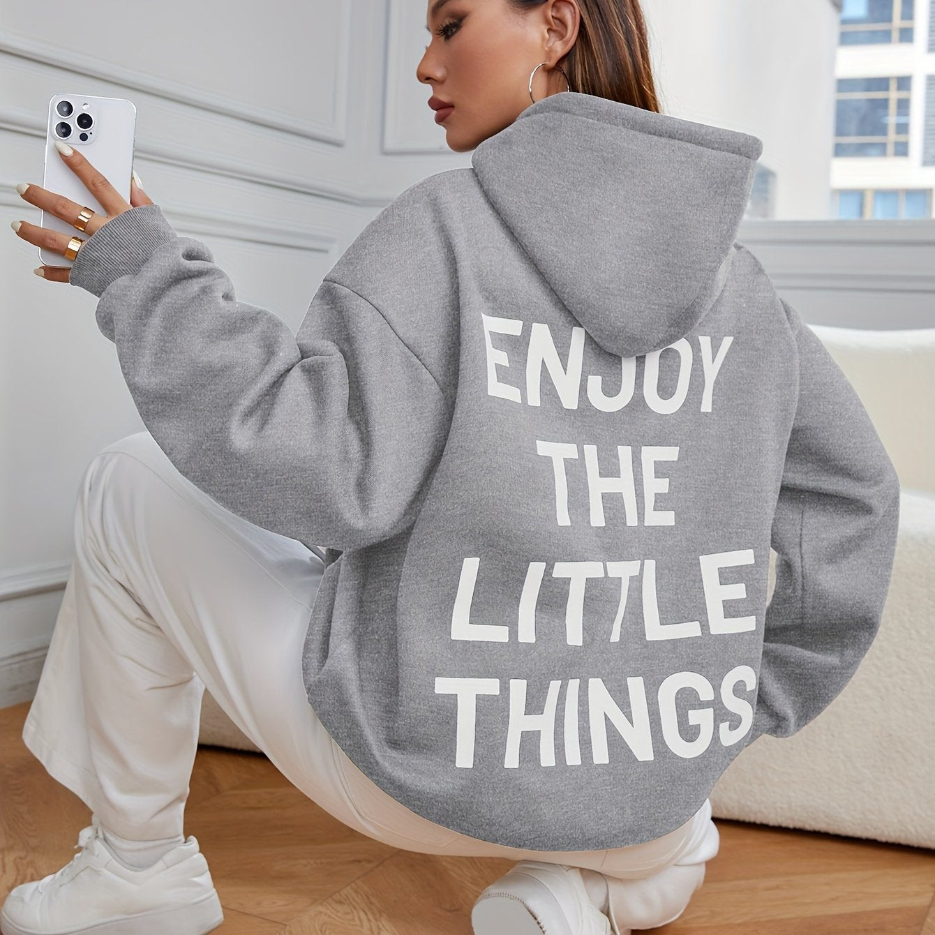 Letter Print Kangaroo Pocket Hoodie, Casual Long Sleeve Hoodies Sweatshirt, Women's Clothing