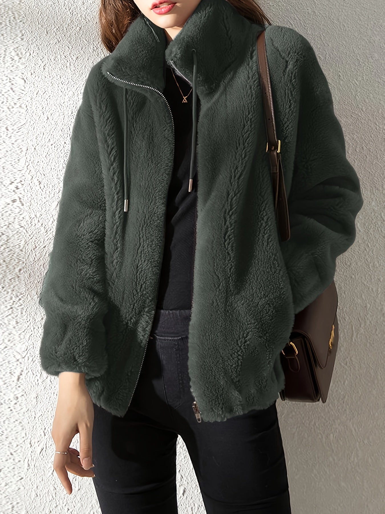 Drawstring Teddy Coat, Casual Zip Up Long Sleeve Warm Outerwear, Women's Clothing