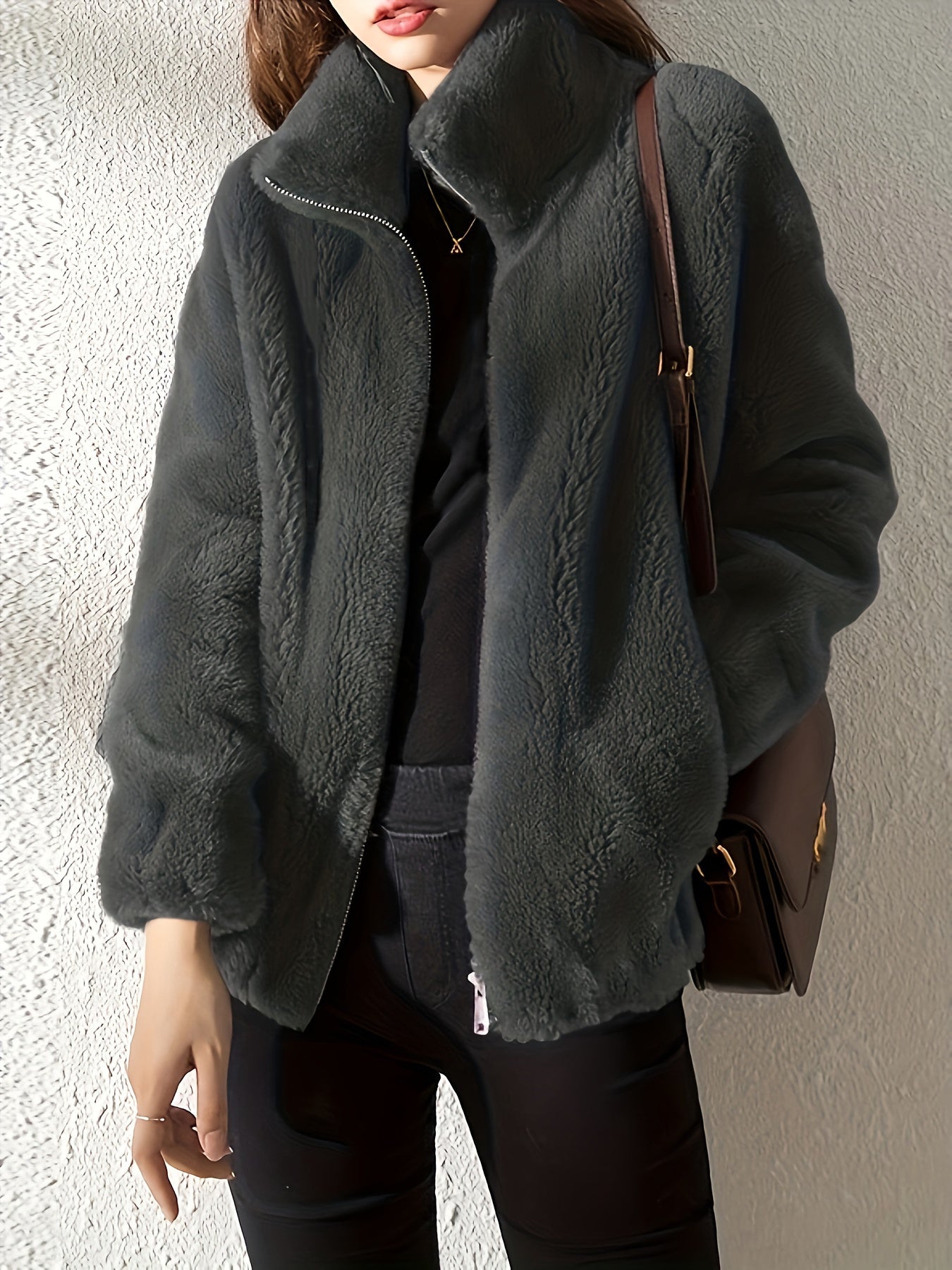 Drawstring Teddy Coat, Casual Zip Up Long Sleeve Warm Outerwear, Women's Clothing