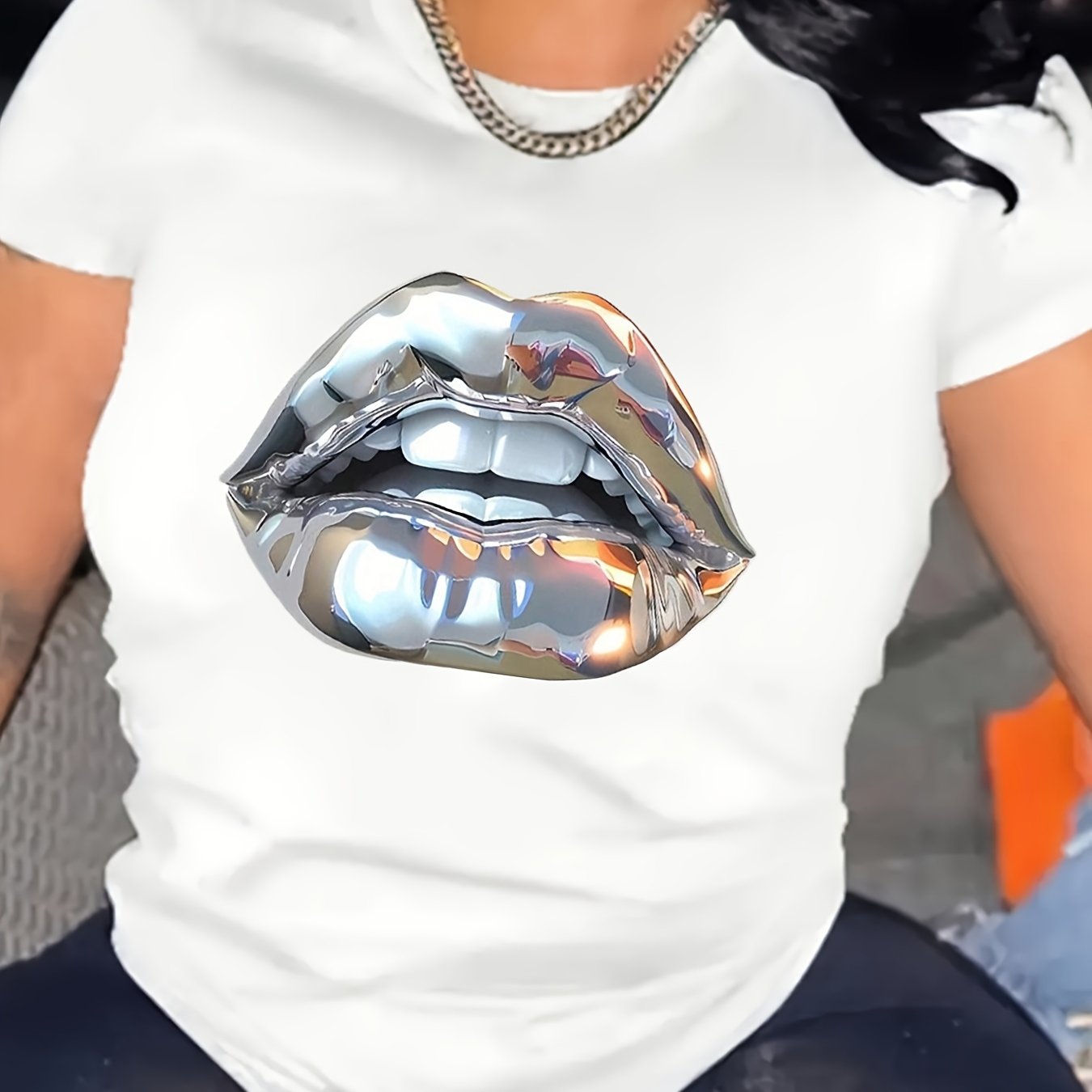Lip Print Crew Neck T-shirt, Short Sleeve Casual Top For Summer & Spring, Women's Clothing