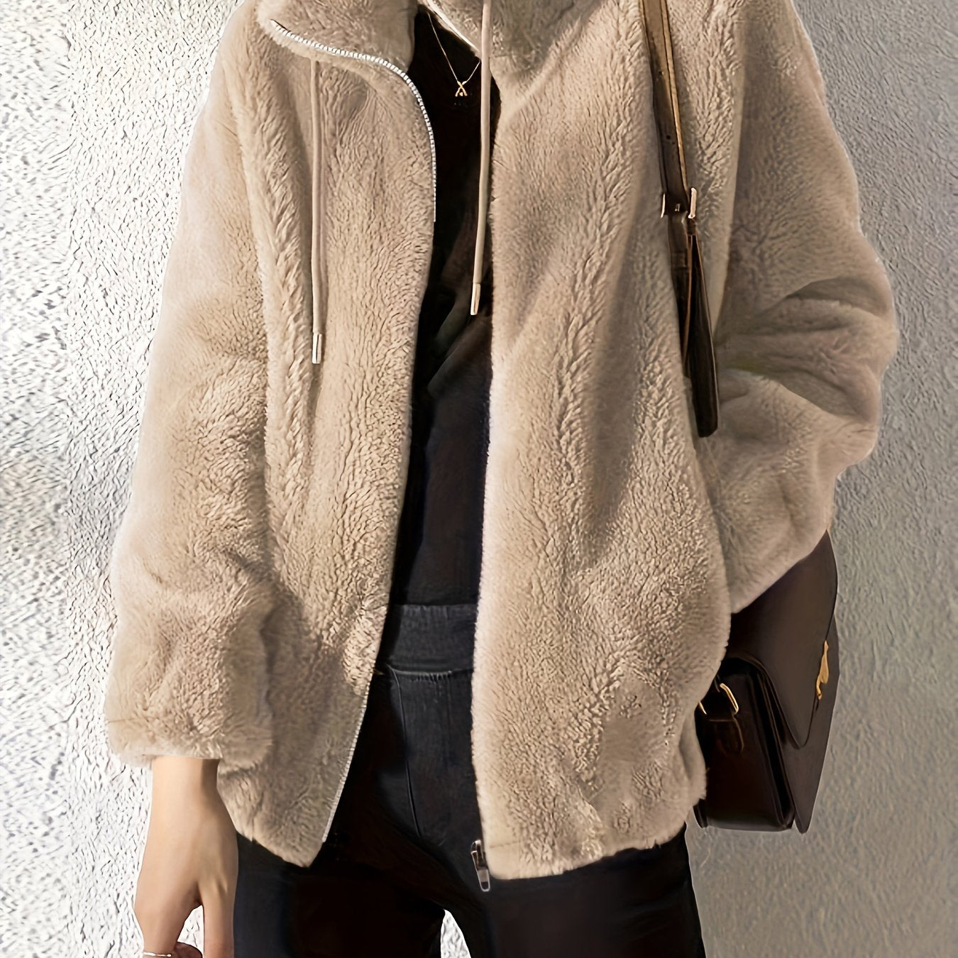 Drawstring Teddy Coat, Casual Zip Up Long Sleeve Warm Outerwear, Women's Clothing