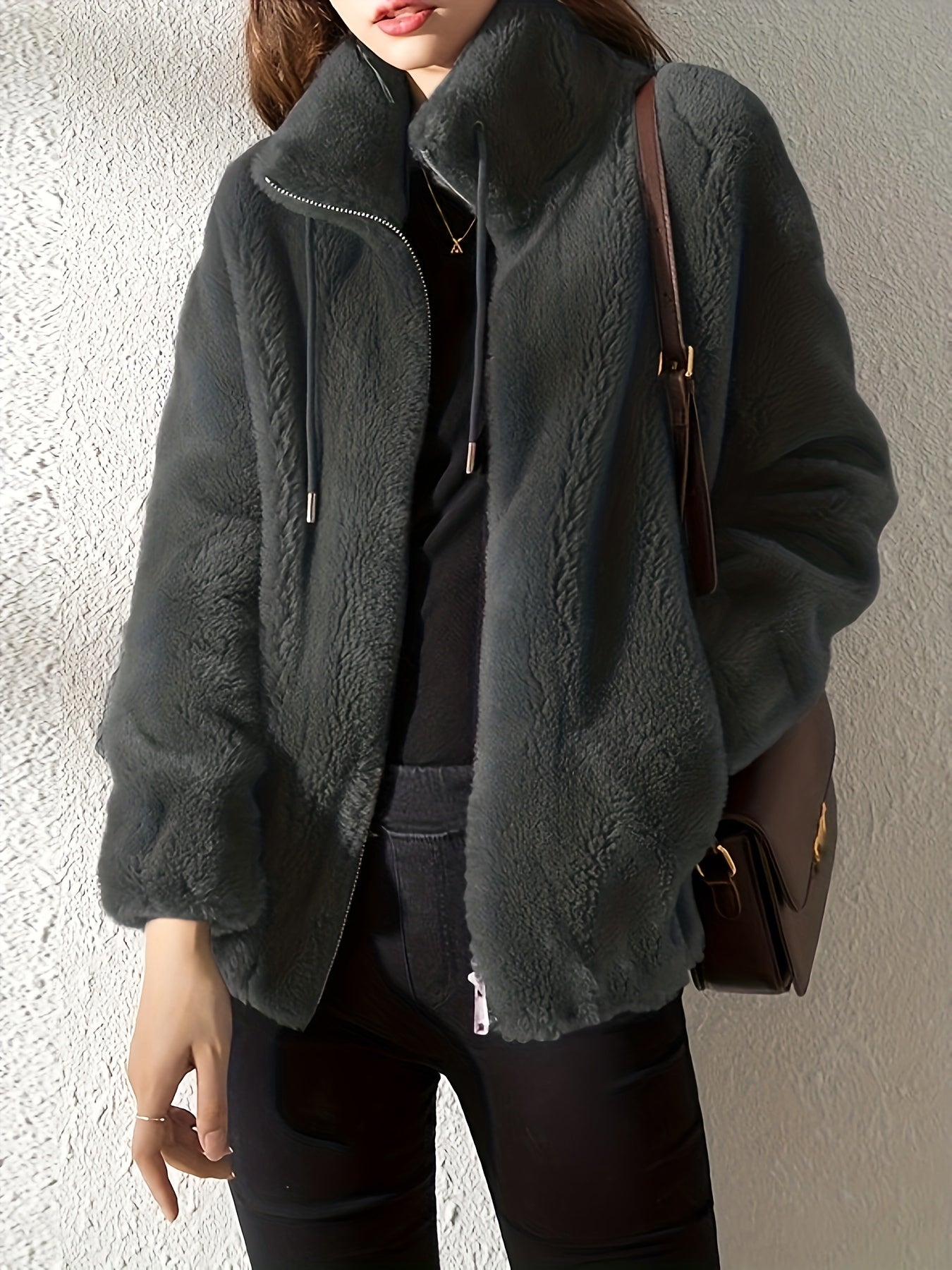 Drawstring Teddy Coat, Casual Zip Up Long Sleeve Warm Outerwear, Women's Clothing