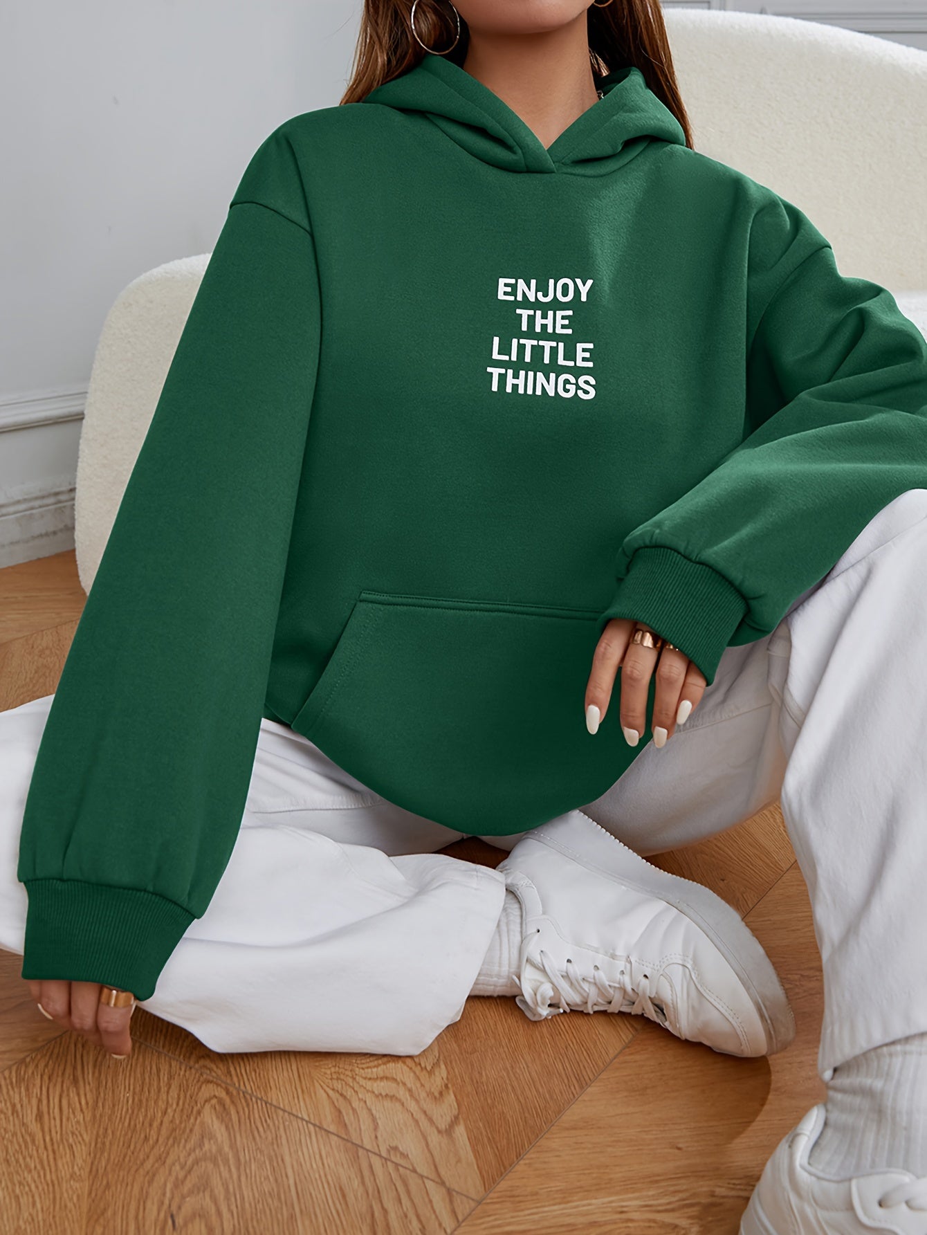 Letter Print Kangaroo Pocket Hoodie, Casual Long Sleeve Hoodies Sweatshirt, Women's Clothing