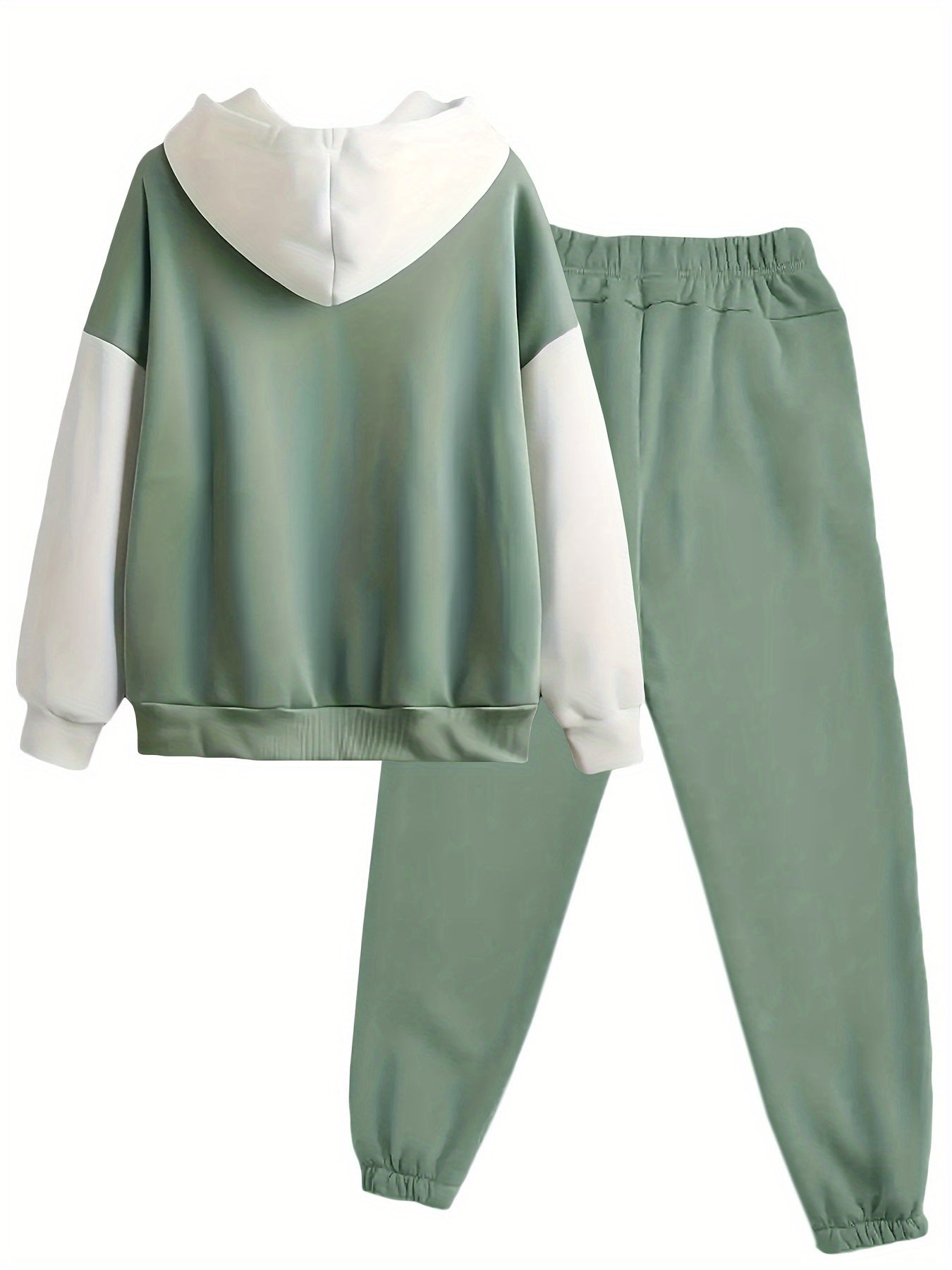 Casual Fall & Winter Pants Set, Color Block Kangaroo Pocket Hoodie & Drawstring Pants Outfits, Women's Clothing