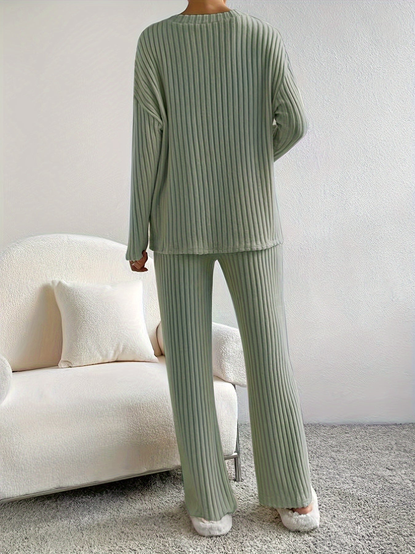 Solid Ribbed Matching Two-piece Set, Casual Long Sleeve V Neck Drop Shoulder Top & Slim Slant Pocket Elastic Waist Pants Outfits, Women's Clothing