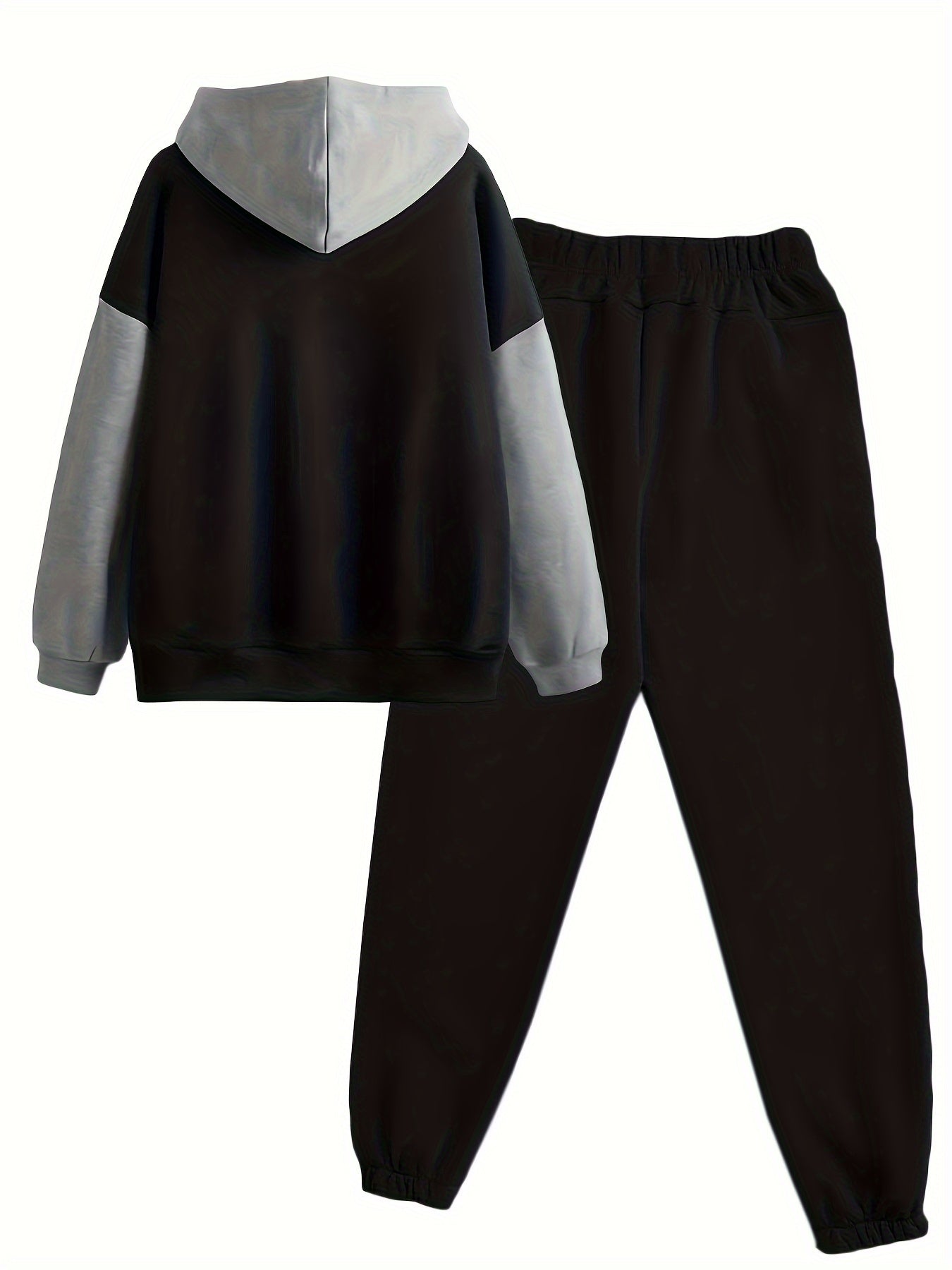 Casual Fall & Winter Pants Set, Color Block Kangaroo Pocket Hoodie & Drawstring Pants Outfits, Women's Clothing