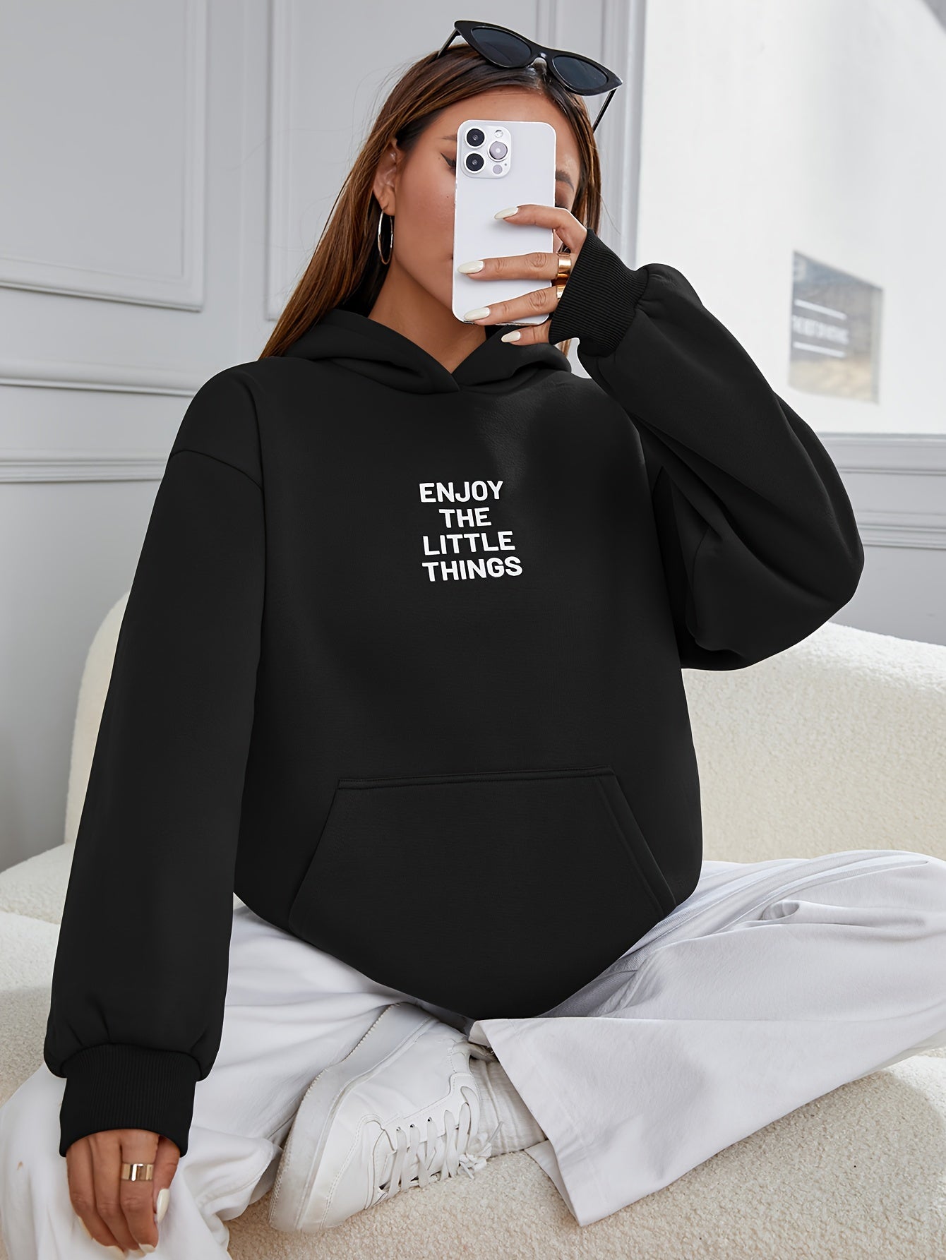 Letter Print Kangaroo Pocket Hoodie, Casual Long Sleeve Hoodies Sweatshirt, Women's Clothing