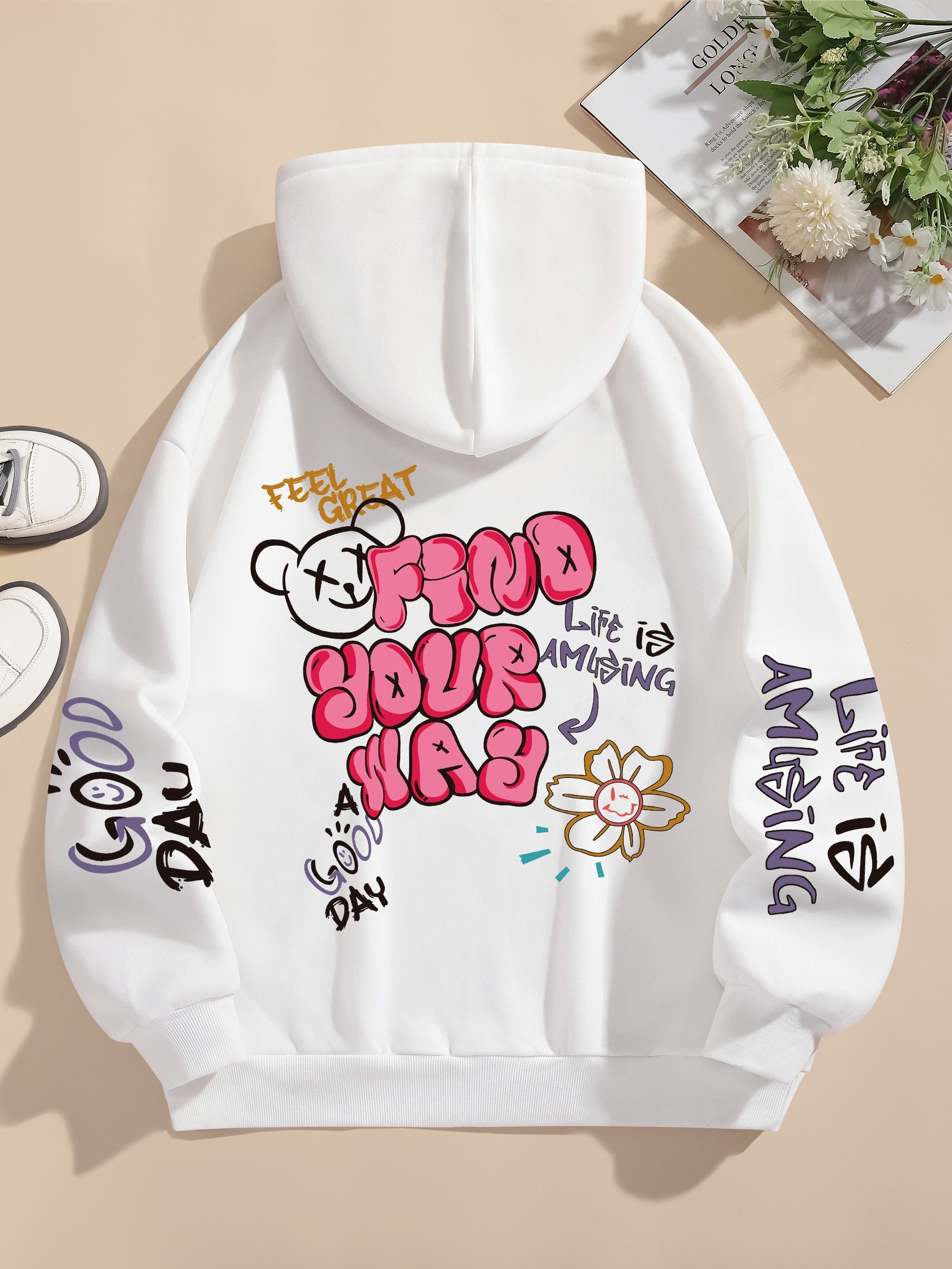 Letter Print Pocket Hoodie, Drawstring Casual Long Sleeve Hooded Sweatshirt For Winter & Fall, Women's Clothing