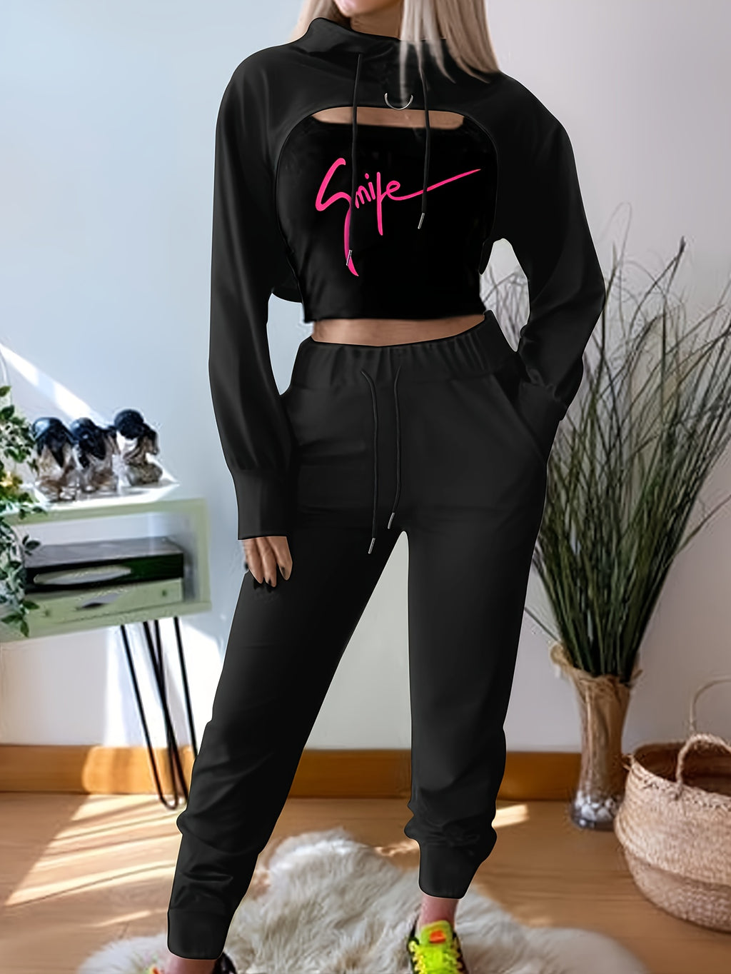 Casual Color Block Three-piece Set, Long Sleeve Drawstring Hoodie Crop Top & SMILE Print Scoop Neck Crop Tank Top & Drawstring Waist Jogger Pants Outfits, Women's Clothing