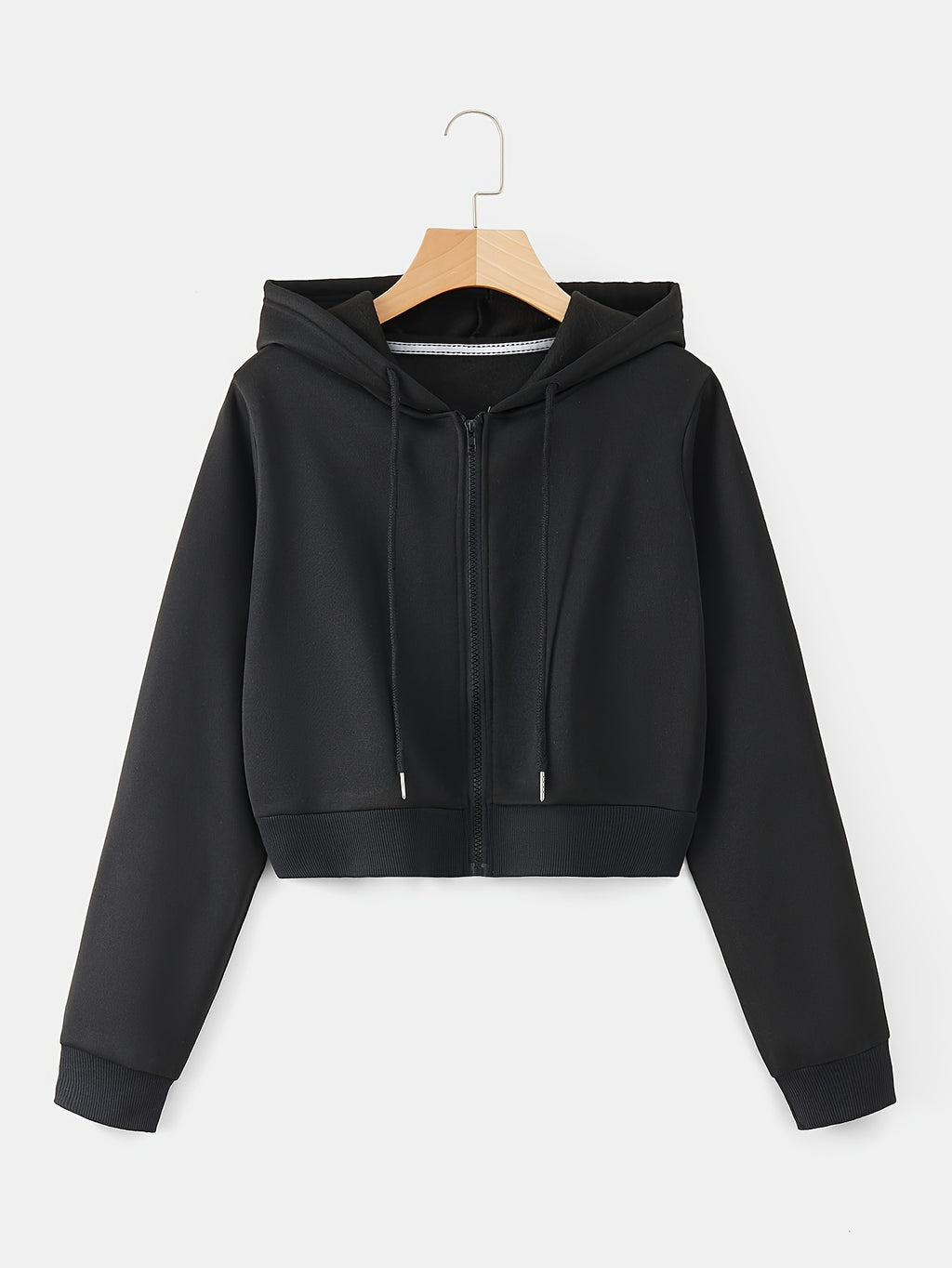 Zip Up Cropped Drawstring Hoodie, Casual Long Sleeve Sweatshirt For Spring & Fall, Women's Clothing