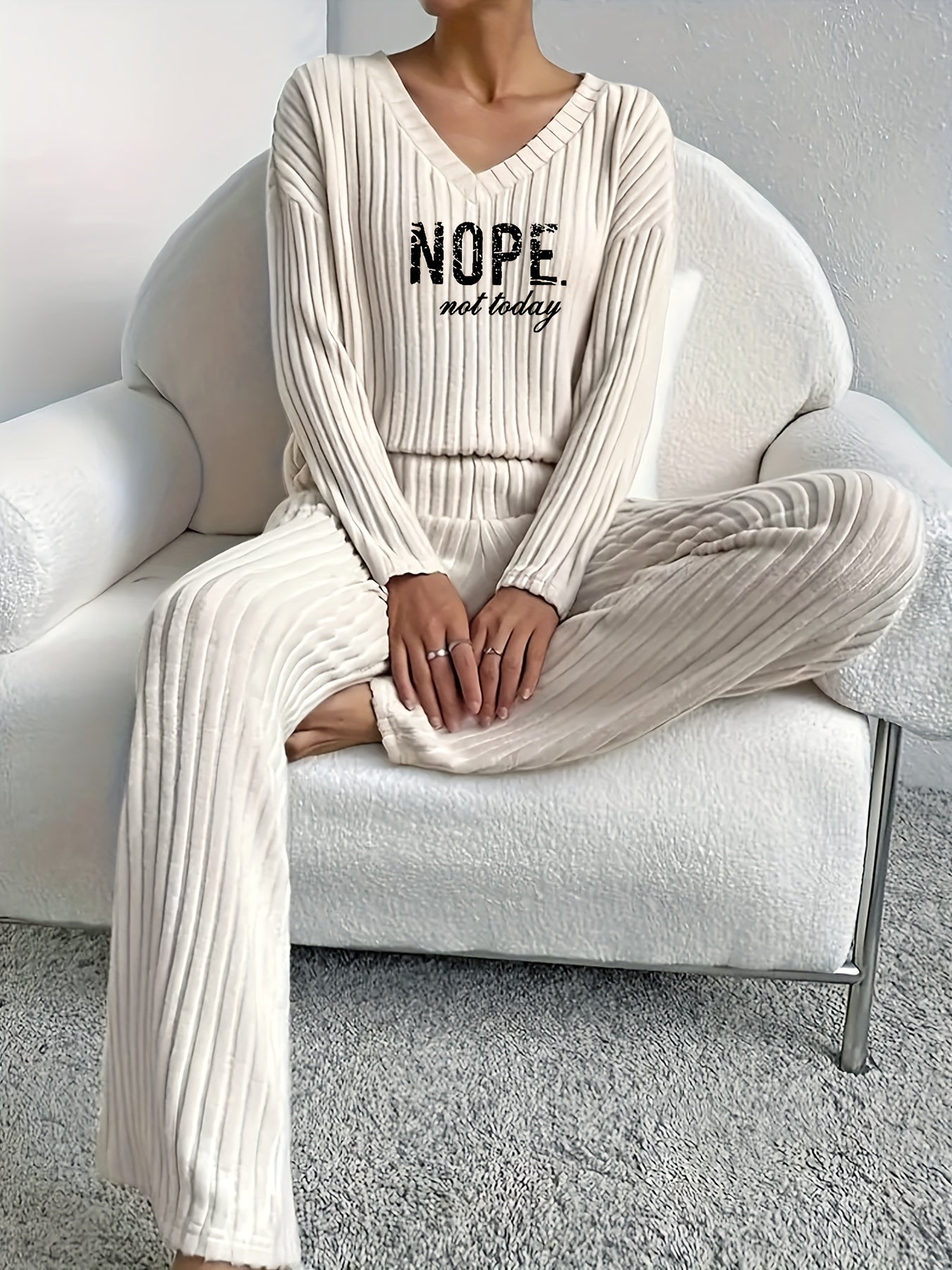 Solid Ribbed Matching Two-piece Set, Casual Long Sleeve V Neck Drop Shoulder Top & Slim Slant Pocket Elastic Waist Pants Outfits, Women's Clothing
