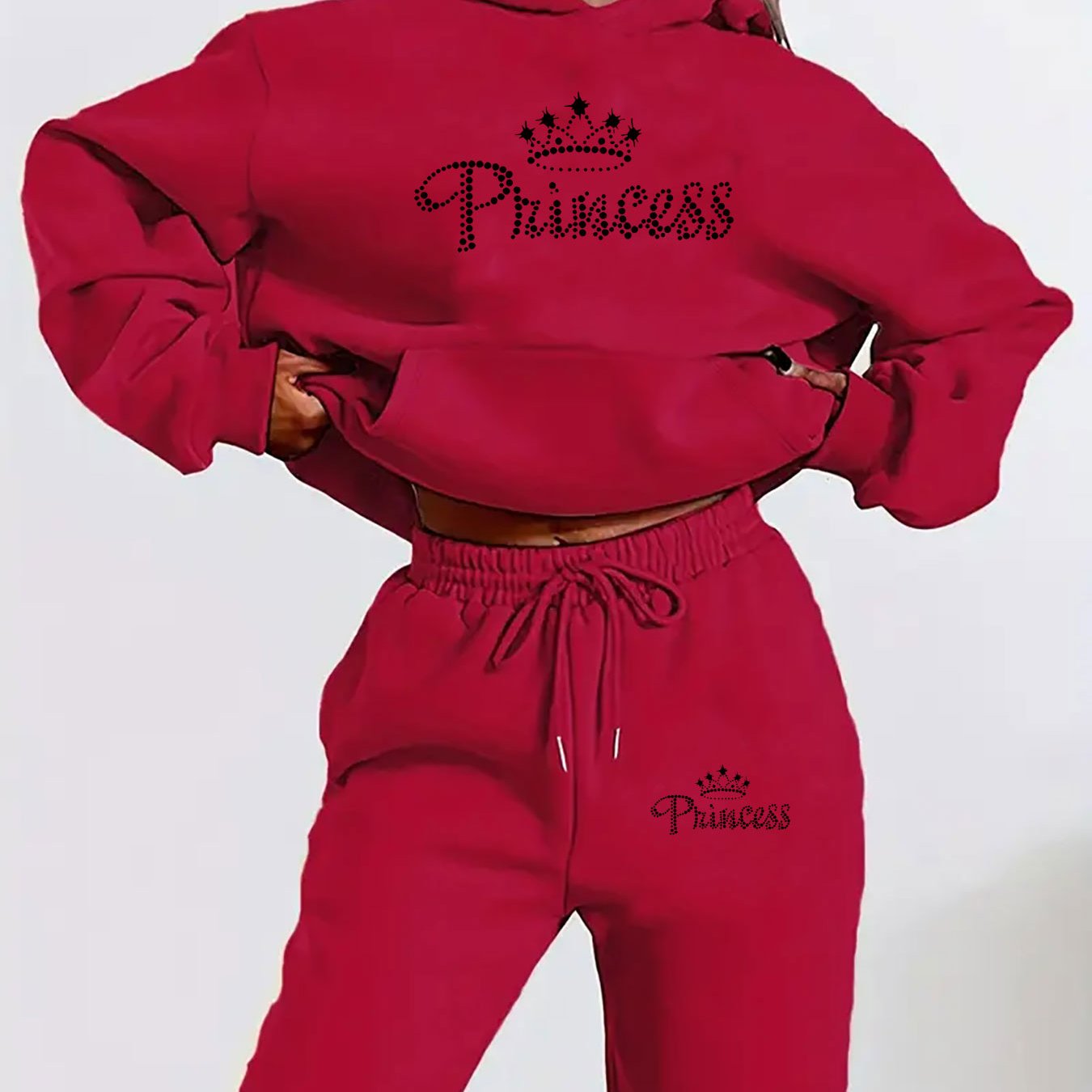 Women'S Casual Two-Piece Set - Letter Print Hoodie and Pants, Long Sleeve, Hooded Top with Front Pocket, Regular Fit Joggers, Polyester, Black, Pink, Red, Gray, Casual Wear | Zip-Up Hoodie, Hooded Women, Thank You For The Clo