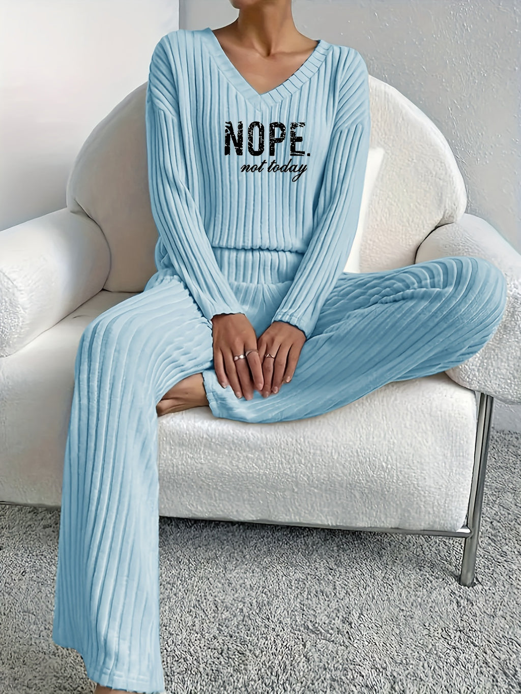 Solid Ribbed Matching Two-piece Set, Casual Long Sleeve V Neck Drop Shoulder Top & Slim Slant Pocket Elastic Waist Pants Outfits, Women's Clothing