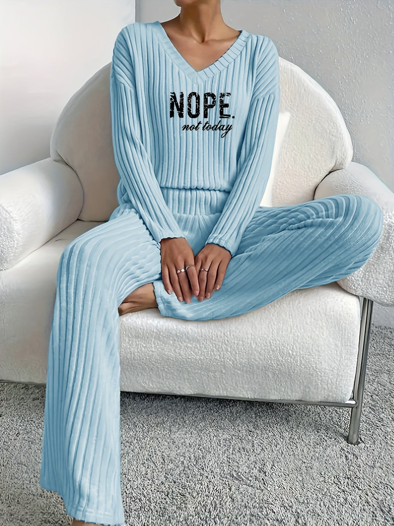 Solid Ribbed Matching Two-piece Set, Casual Long Sleeve V Neck Drop Shoulder Top & Slim Slant Pocket Elastic Waist Pants Outfits, Women's Clothing