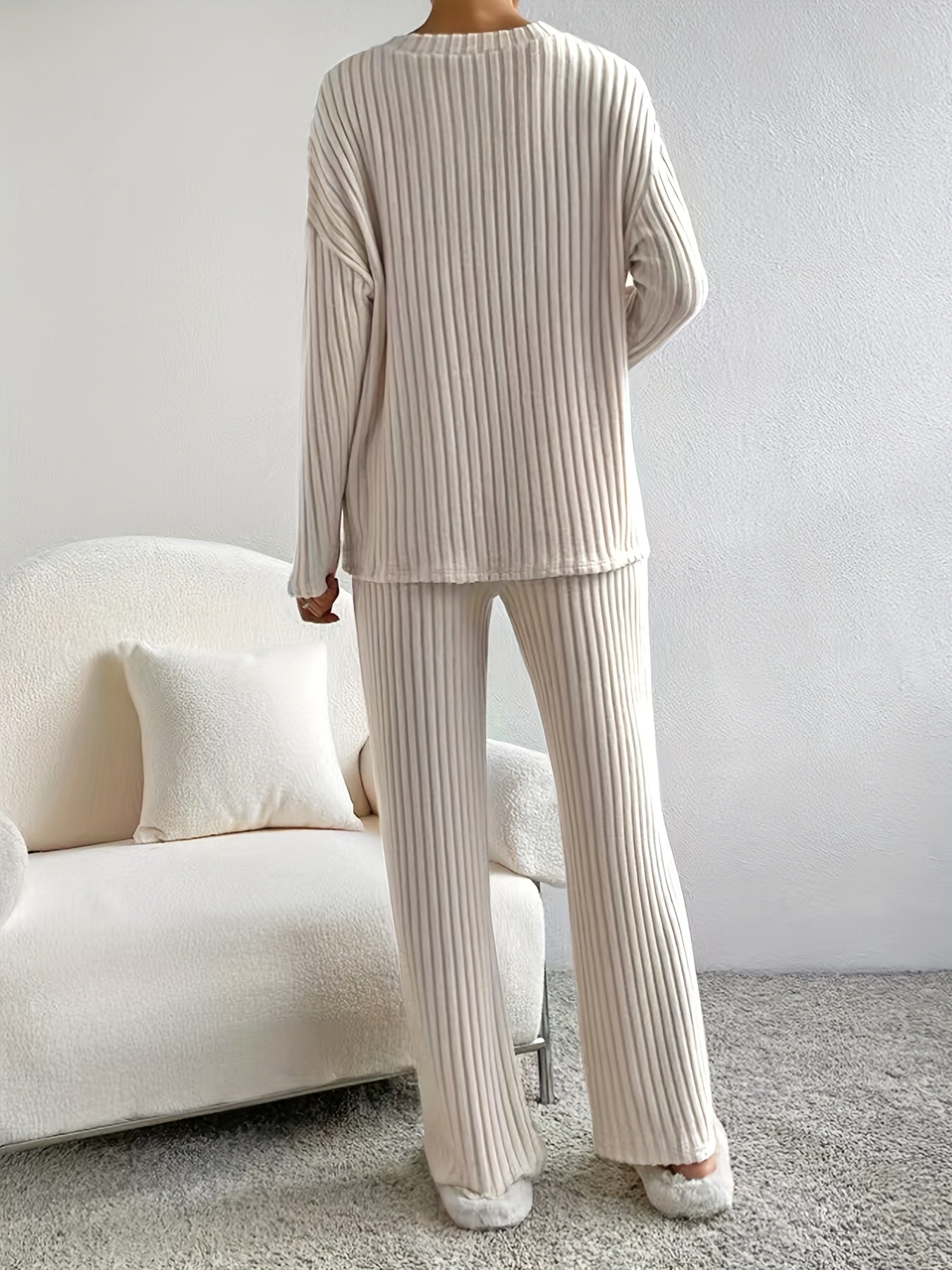 Solid Ribbed Matching Two-piece Set, Casual Long Sleeve V Neck Drop Shoulder Top & Slim Slant Pocket Elastic Waist Pants Outfits, Women's Clothing