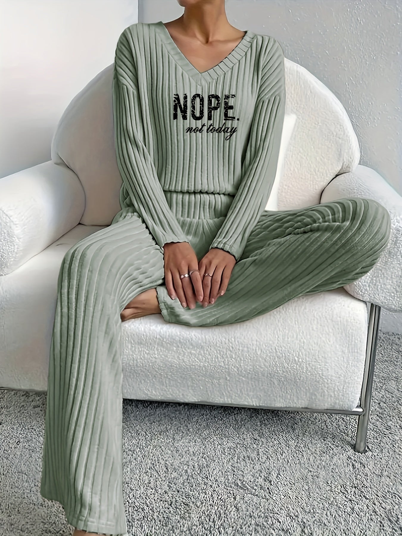 Solid Ribbed Matching Two-piece Set, Casual Long Sleeve V Neck Drop Shoulder Top & Slim Slant Pocket Elastic Waist Pants Outfits, Women's Clothing