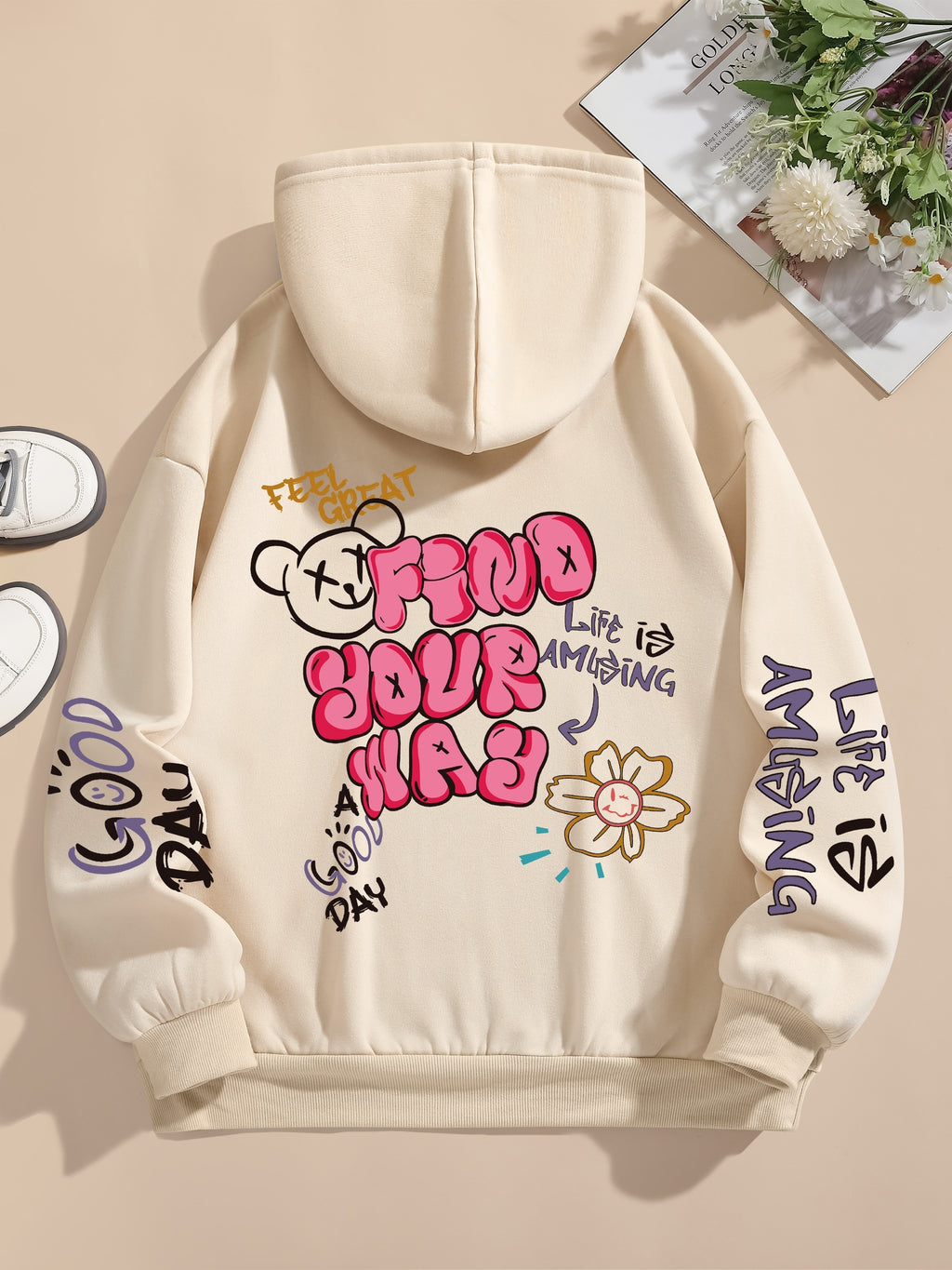 Letter Print Pocket Hoodie, Drawstring Casual Long Sleeve Hooded Sweatshirt For Winter & Fall, Women's Clothing