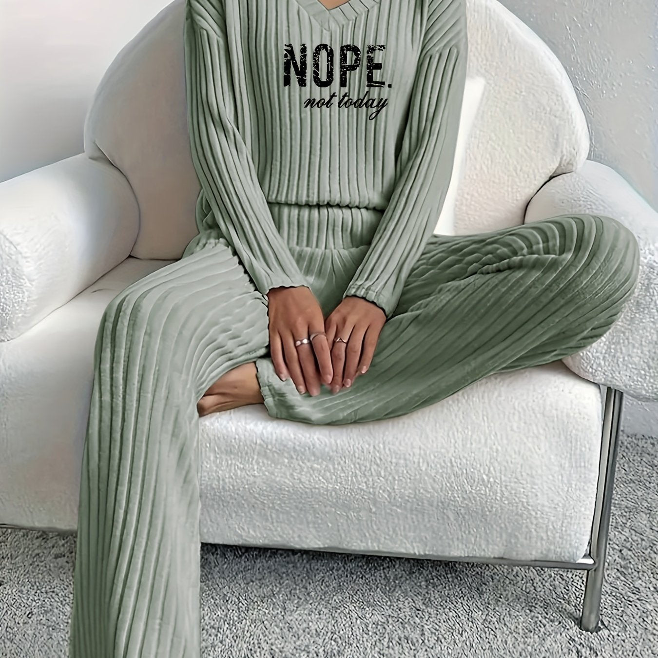 Solid Ribbed Matching Two-piece Set, Casual Long Sleeve V Neck Drop Shoulder Top & Slim Slant Pocket Elastic Waist Pants Outfits, Women's Clothing