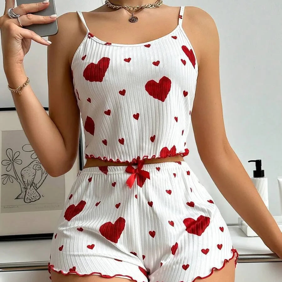 Conjunto de pijama con estampado de corazón de 2 piezas para mujer, top corto sin mangas y pantalones cortos, ropa de dormir suave y cómoda para ropa de dormir de verano