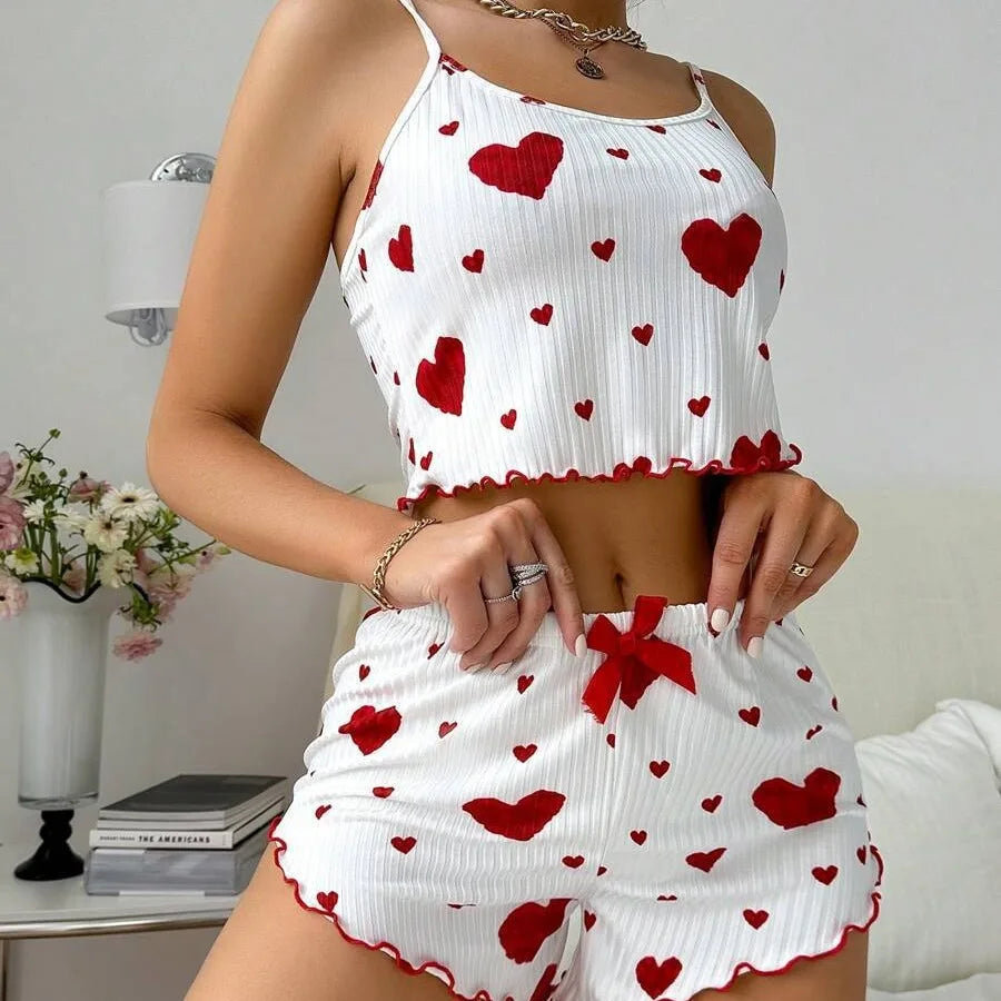 Conjunto de pijama con estampado de corazón de 2 piezas para mujer, top corto sin mangas y pantalones cortos, ropa de dormir suave y cómoda para ropa de dormir de verano