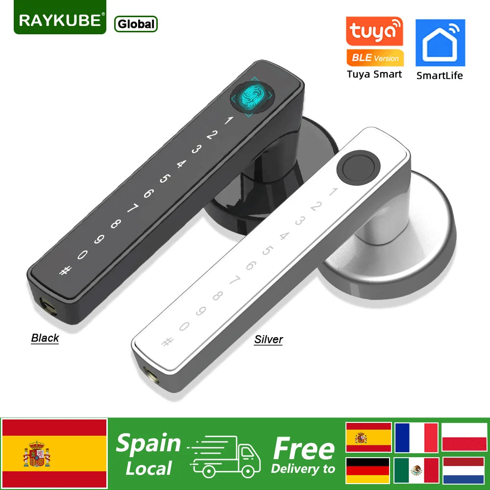 Cerradura electrónica inteligente RAYKUBE M5 Tuya BLE con huella dactilar, contraseña/llave/tarjeta/aplicación Tuya, desbloqueo, entrega gratuita desde España