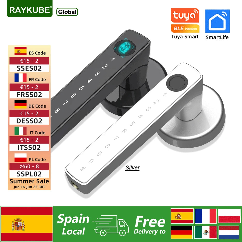 Cerradura electrónica inteligente RAYKUBE M5 Tuya BLE con huella dactilar, contraseña/llave/tarjeta/aplicación Tuya, desbloqueo, entrega gratuita desde España