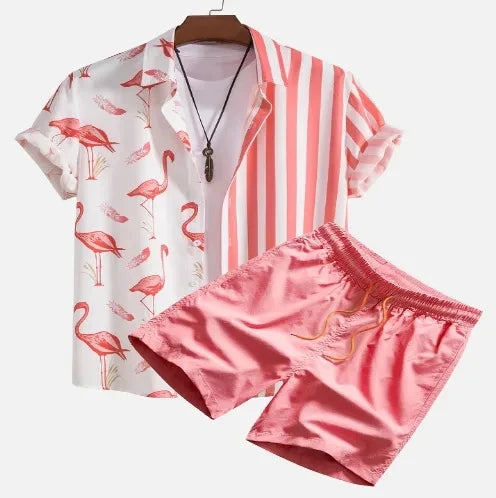 2024 conjuntos de hombre con estampado de retazos y solapa, camisa informal de manga corta, pantalones cortos de playa, ropa de calle de verano, trajes Hawaianos para S-5XL