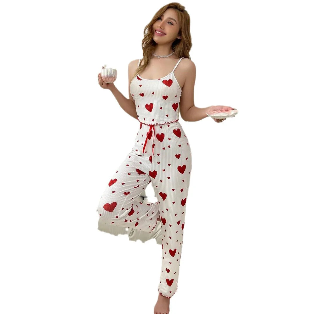 Pijama de talla grande para mujer, conjunto de 2 piezas, Chaleco Corto + pantalón blanco, transpirable, suave, informal, estampado de amor