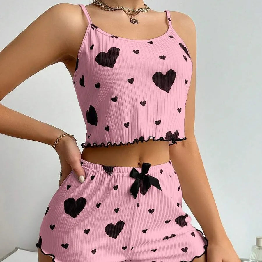 Conjunto de pijama con estampado de corazón de 2 piezas para mujer, top corto sin mangas y pantalones cortos, ropa de dormir suave y cómoda para ropa de dormir de verano